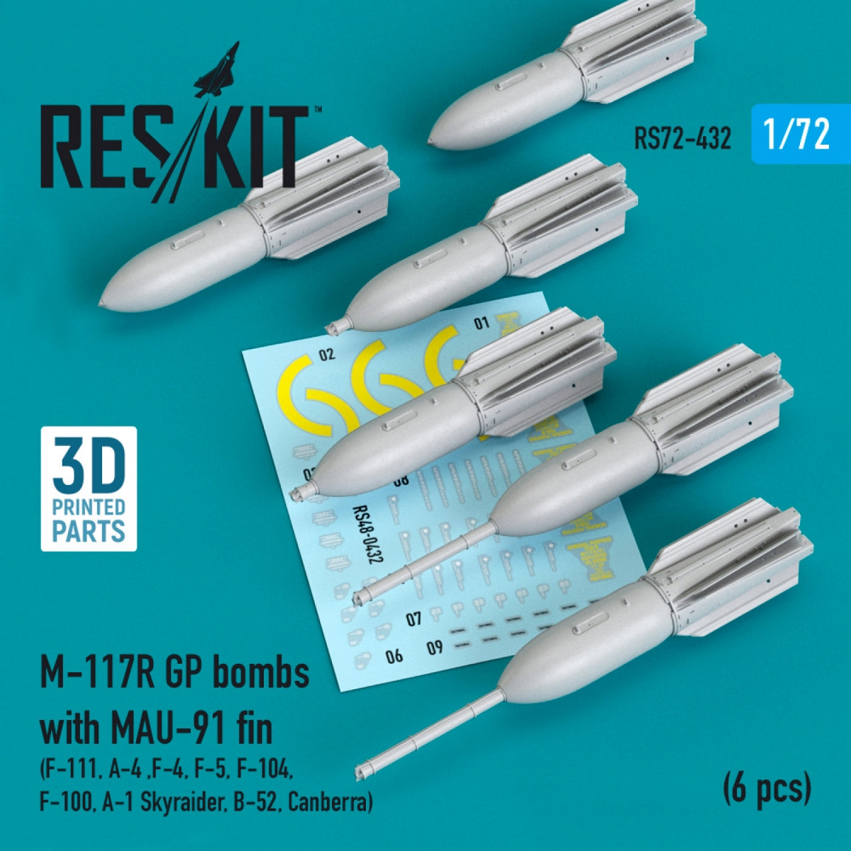 RESKIT RS72-0432 Bombes GP M-117R avec aileron MAU-91 (6 pièces) (Impression 3D) 1/72