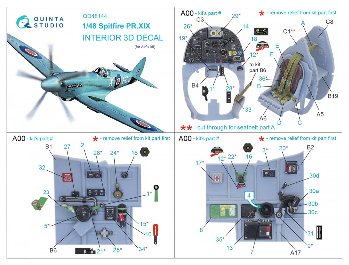 Intérieur imprimé en 3D et coloré sur papier décalcomanie Quinta Studio QD48144 Spitfire PR.XIX (Airfix) 1/48 – image 12