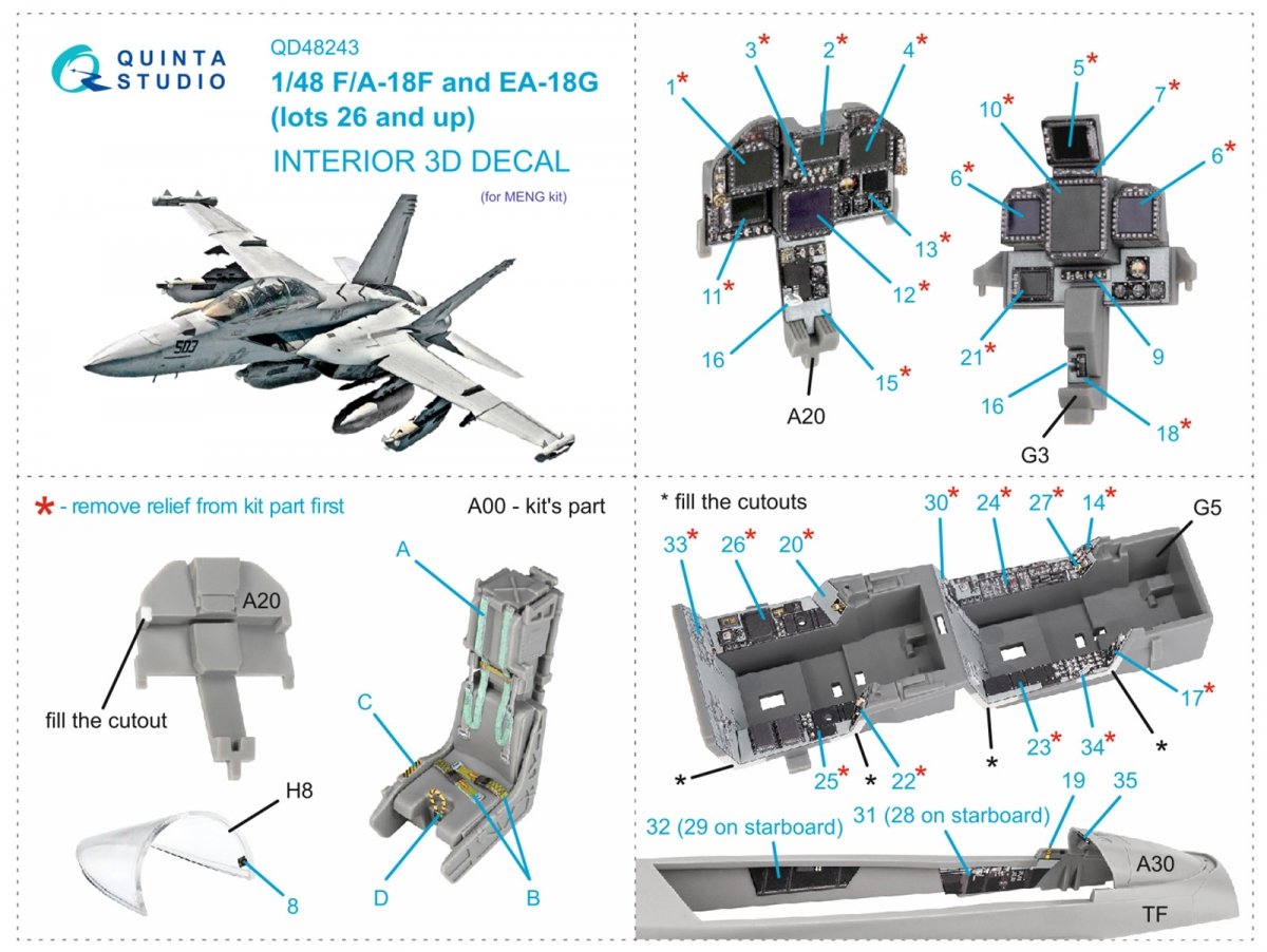 Intérieur imprimé en 3D et coloré sur papier décalcomanie pour F/A-18F tardif / EA-18G (Meng) de Quinta Studio QD48243 (Meng) 1/48 – Bild 2