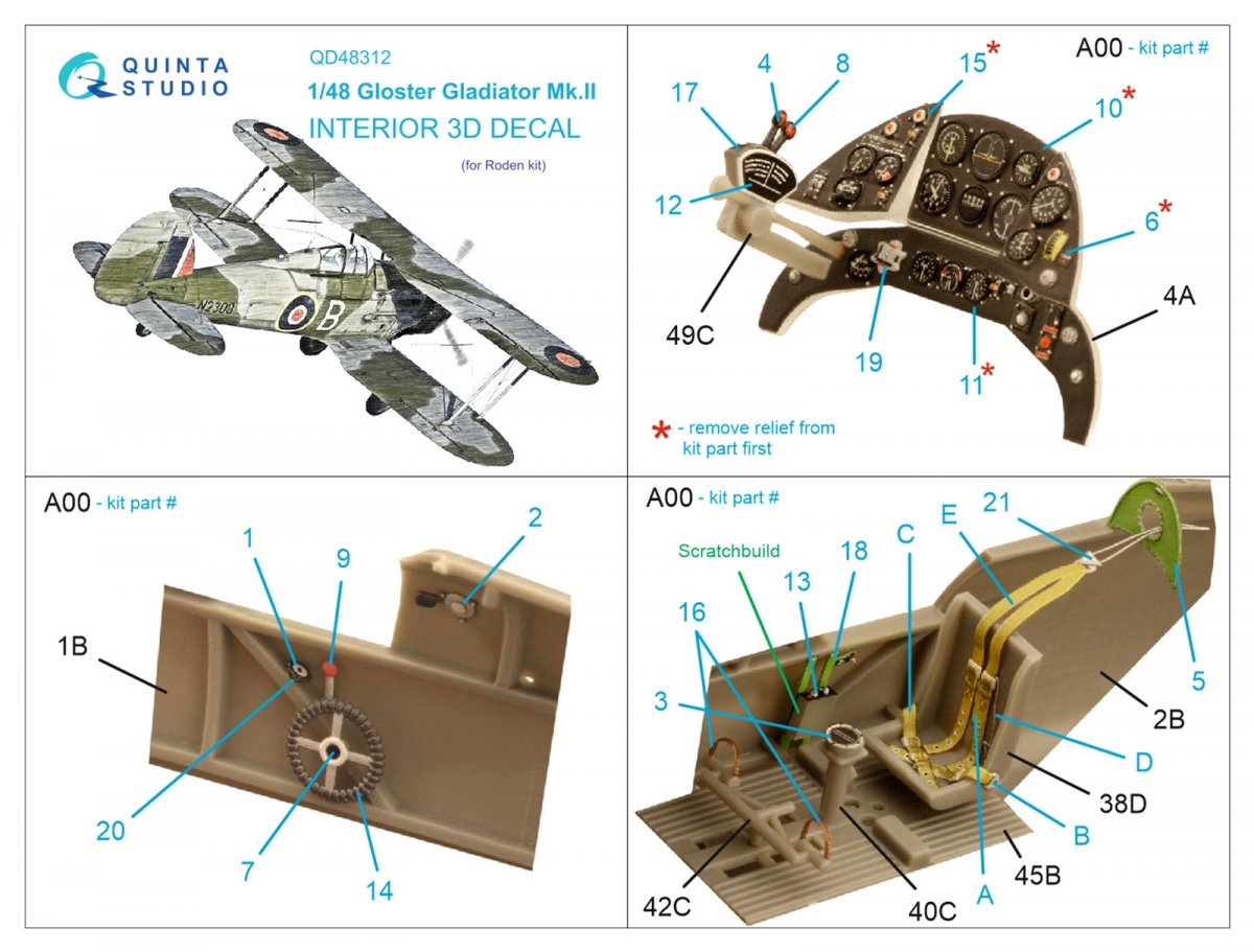 Intérieur imprimé en 3D et coloré sur papier décalcomanie (Roden) pour Gloster Gladiator MKII (Quinta Studio QD48312) à l&amp;#39;échelle 1/48 – image 2