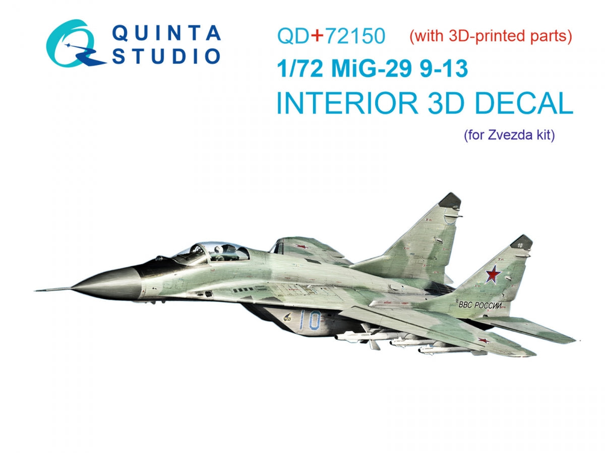 Quinta Studio QD+72150 MiG-29 9-13 Intérieur coloré imprimé en 3D sur papier décalcomanie (7278 Zvezda) (avec pièce en résine imprimée en 3D) 1/72