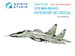 Quinta Studio QD+72150 MiG-29 9-13 Intérieur coloré imprimé en 3D sur papier décalcomanie (7278 Zvezda) (avec pièce en résine imprimée en 3D) 1/72