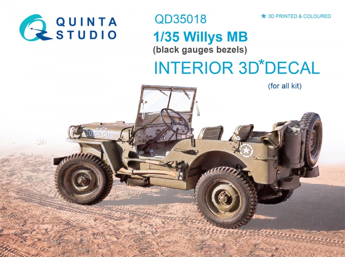 Intérieur imprimé en 3D et coloré sur papier décalcomanie Quinta Studio QD35018 Willys MB (pour tous les kits) 1/35
