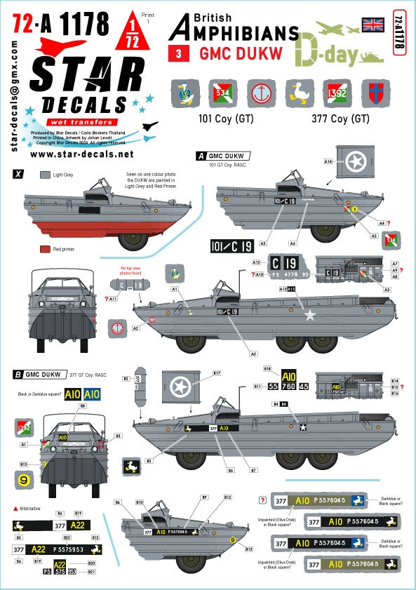 Star Decals 72-A1178 D-Day DUKW. British Amphibians #3. 101 Coy (GT) and 377 Coy (GT) RASC. 1/72
