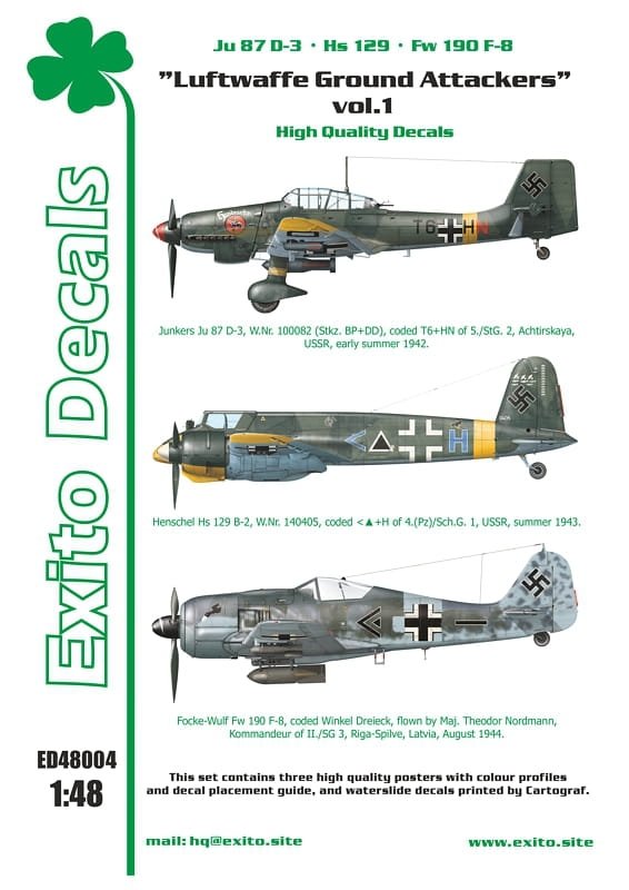 Décalcomanies Exito ED48004 Luftwaffe Ground Attackers vol.1 - Ju 87 D-3, Hs 129, Fw 190F-8 1/48