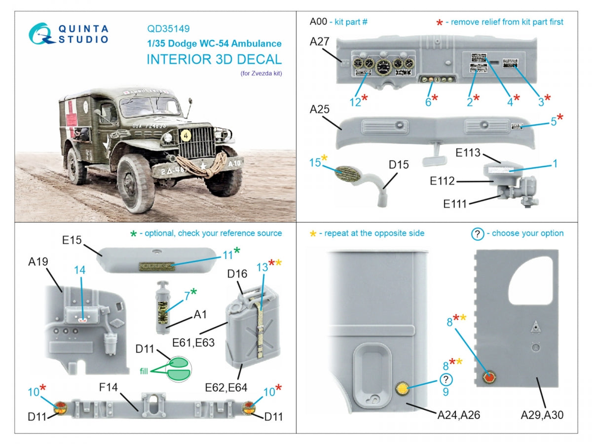 Intérieur imprimé en 3D et coloré sur papier décalcomanie (Zvezda) pour l&amp;#39;ambulance Dodge WC-54 de Quinta Studio QD35149, échelle 1/35 – image 2