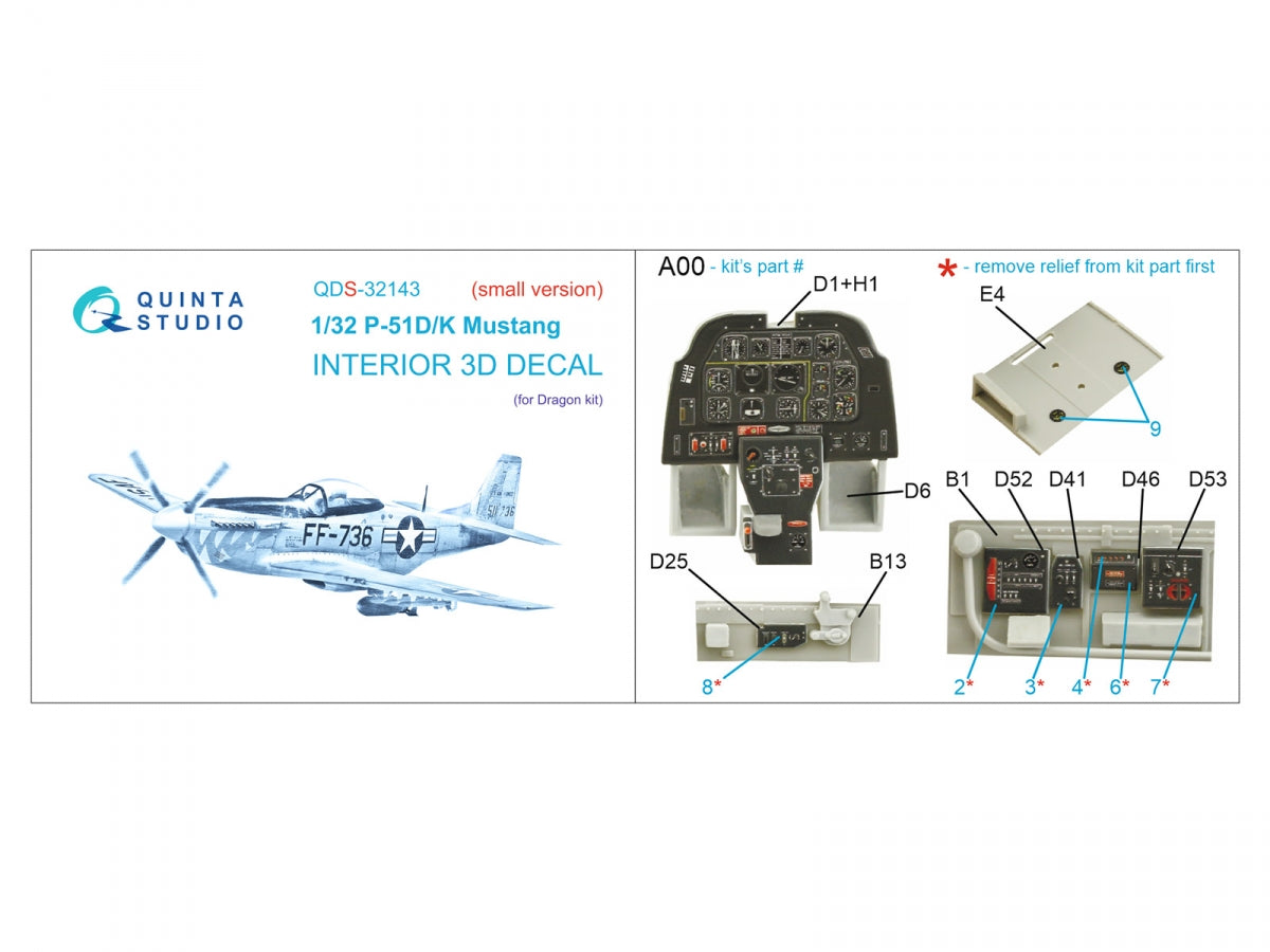 Intérieur coloré imprimé en 3D sur papier décalcomanie (Dragon) pour le P-51D/K Mustang de Quinta Studio QDS-32143 (petite version) à l&amp;#39;échelle 1/32 – immagine 2