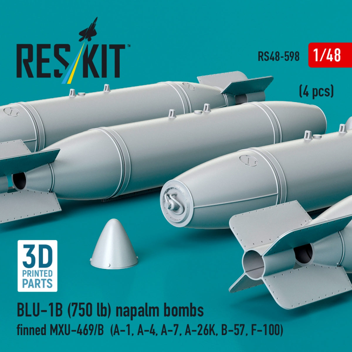 RESKIT RS48-0598 BLU-1B (750 lb) napalm bombs finned MXU-469/B (4 pcs) (A-1, A-4, A-7, A-26K, B-57, F-100) (3D Printed) 1/48