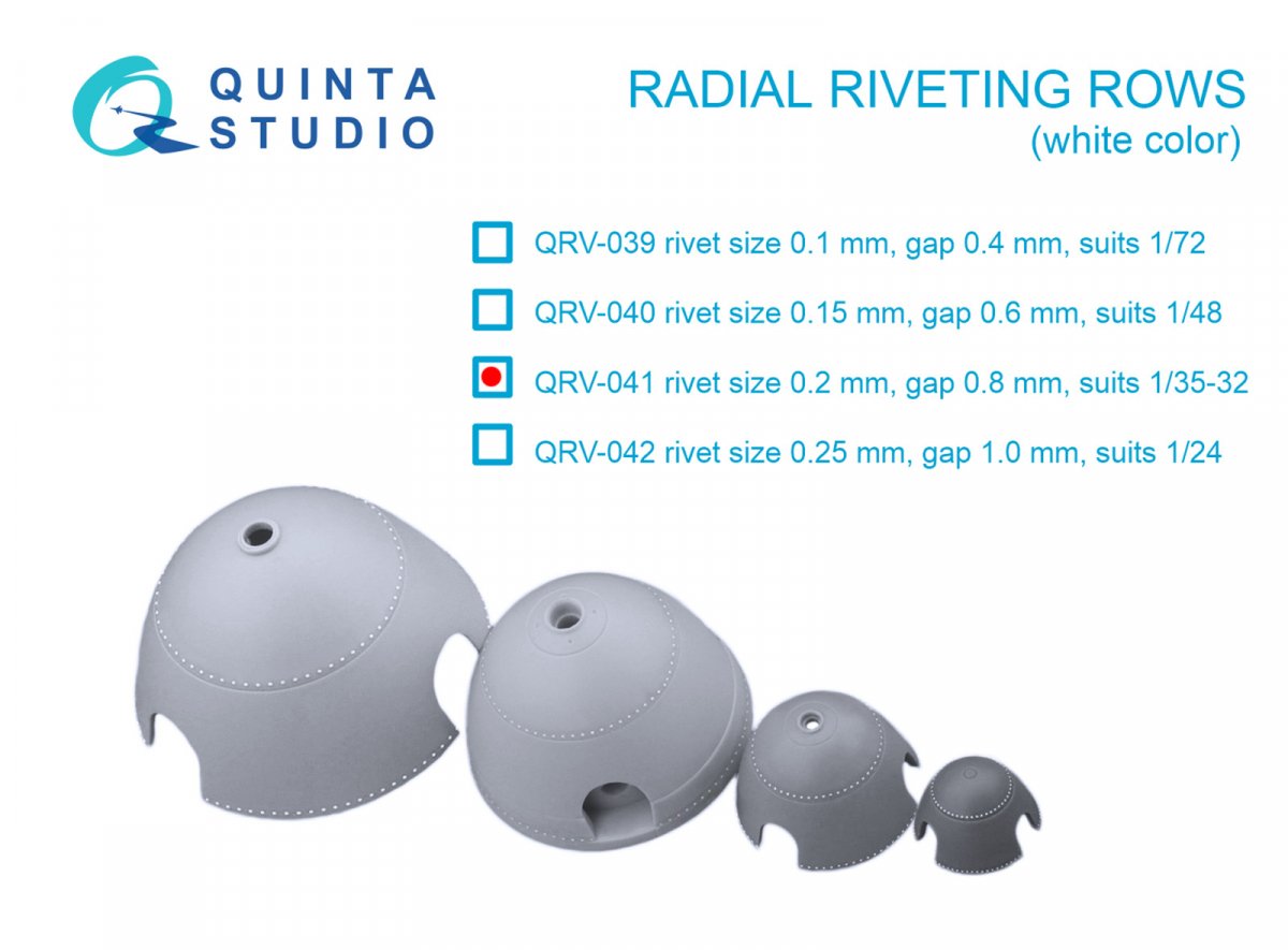 Rangées de rivetage radiales Quinta Studio QRV-041 (taille des rivets : 0,2 mm, écartement : 0,8 mm, convient aux échelles 1/35-1/32), couleur blanche