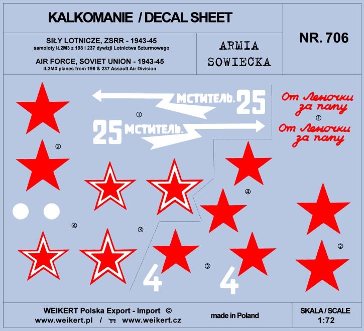 Weikert Decals DEC706 Soviet Army - IL2M3 aircraft from the 198th &amp; 237th Assault Aviation Divisions 1/72