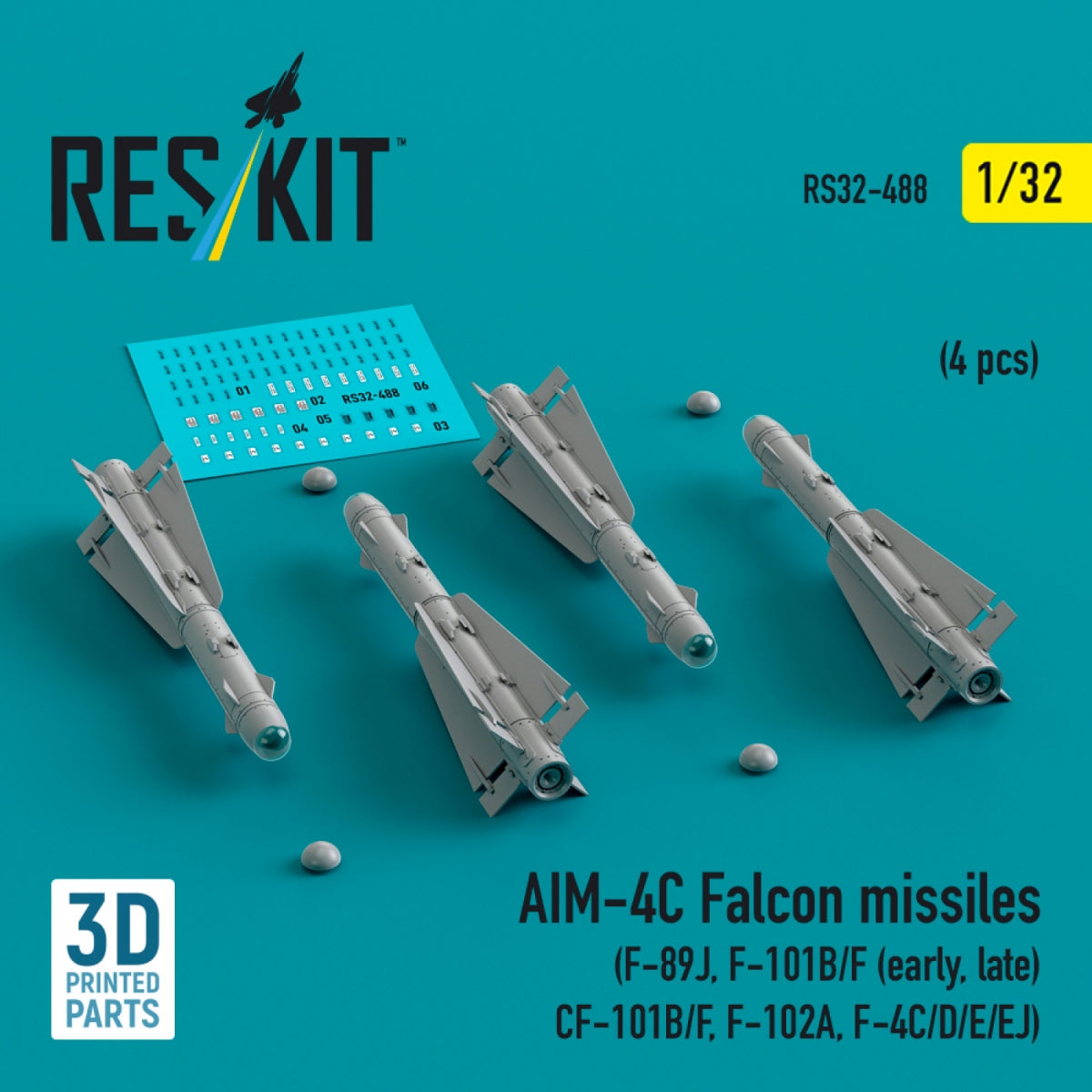 Missiles AIM-4C Falcon RESKIT RS32-0488 (4 pièces) (Impression 3D) 1/32