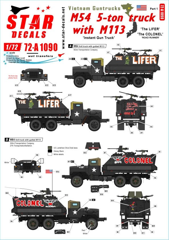 Star Decals 72-A1090 Camions armés du Vietnam. Camions armés instantanés - Camion M54 de 5 tonnes avec VCI M113 1/72 