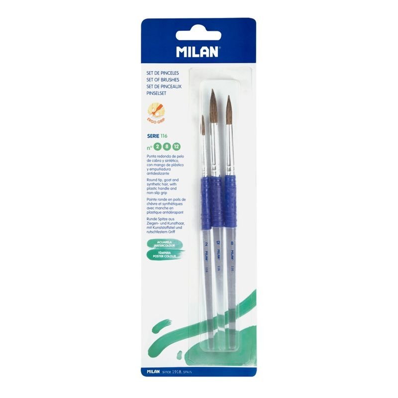 Milan 10463 Blister 3 pinceaux ronds (poils de chèvre et synthétiques) manche ergonomique en plastique série 116 n° 2, 8 et 12 