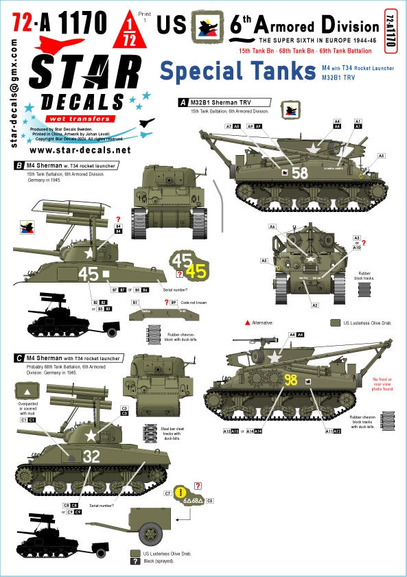 Star Decals 72-A1170 6e division blindée américaine. La Super-Sixième en Europe 1944-45. Chars spéciaux 1/72
