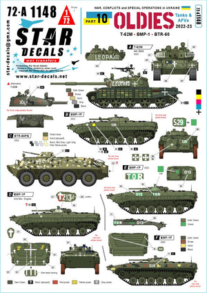 Star Decals 72-A1148 Guerre en Ukraine n° 10 : Véhicules ukrainiens anciens. Chars et véhicules blindés 2022-2023. T-62M (rév. 2022), T-62M, BTR-60BP, BMP-1P. Échelle 1/72