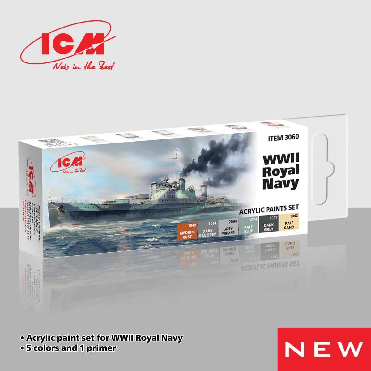 Coffret de peintures acryliques ICM 3060 pour la Royal Navy de la Seconde Guerre mondiale, 6 pots de 12 ml.