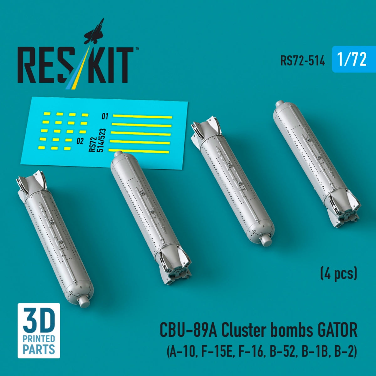 RESKIT RS72-0514 Bombes à fragmentation CBU-89A GATOR (4 pièces) (Impression 3D) 1/72