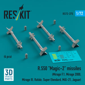 RESKIT RS72-0375 Missiles R.550 « Magic-2 » (4 pièces) (Impression 3D) 1/72