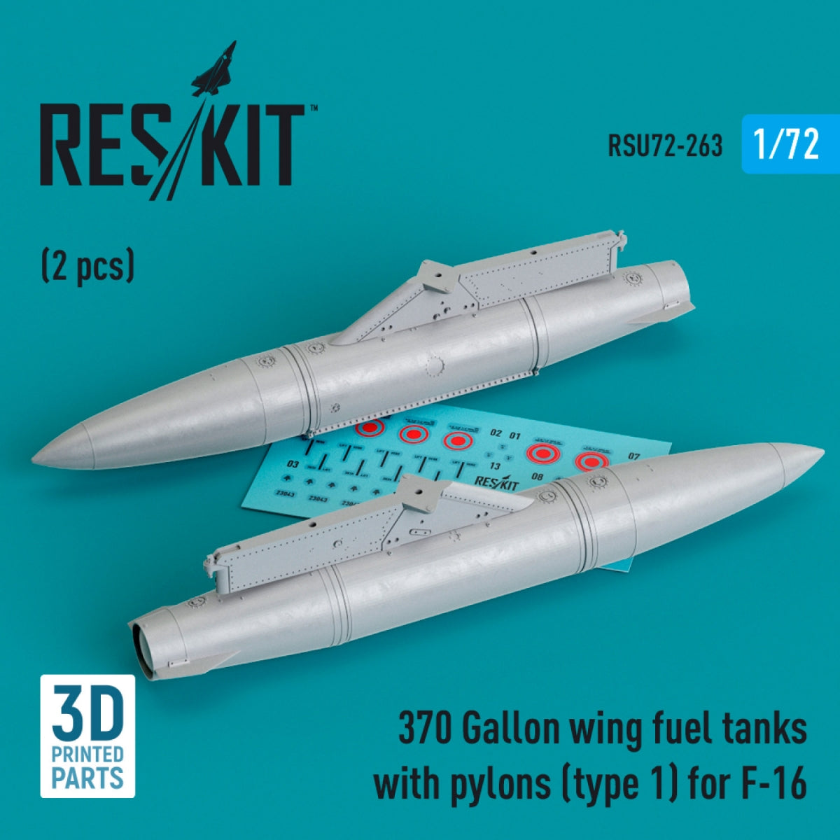 Réservoirs de carburant d&amp;#39;aile RESKIT RSU72-0263 de 370 gallons avec pylônes (type 1) pour F-16 (2 pièces) (Impression 3D) 1/72