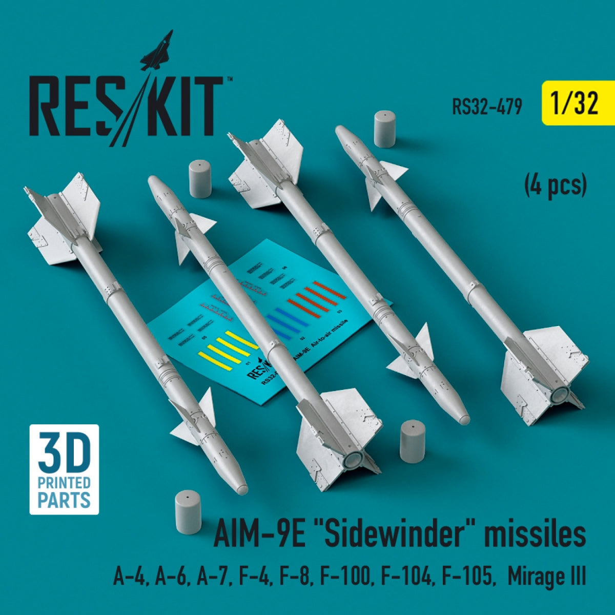 Missiles AIM-9E « Sidewinder » RESKIT RS32-0479 (4 pièces) (Impression 3D) 1/32