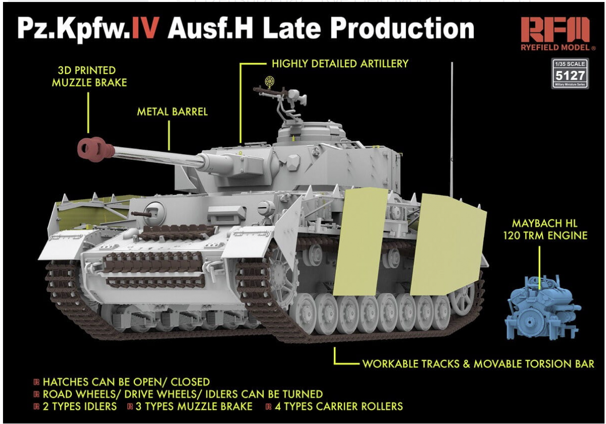 Rye Field modèle 5127 Sd.Kfz.161/1 Panzerkampfwagen IV Ausf. H Production tardive (avec moteur et liaisons de chenilles utilisables) 1/35  – immagine 2