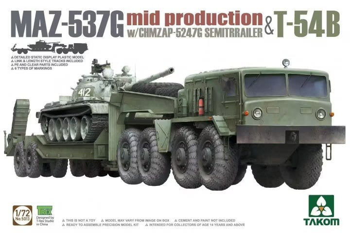Maquette Takom 5013 MAZ-537G en milieu de production avec semi-remorque CHMZAP-5247G et T-54B au 1/72
