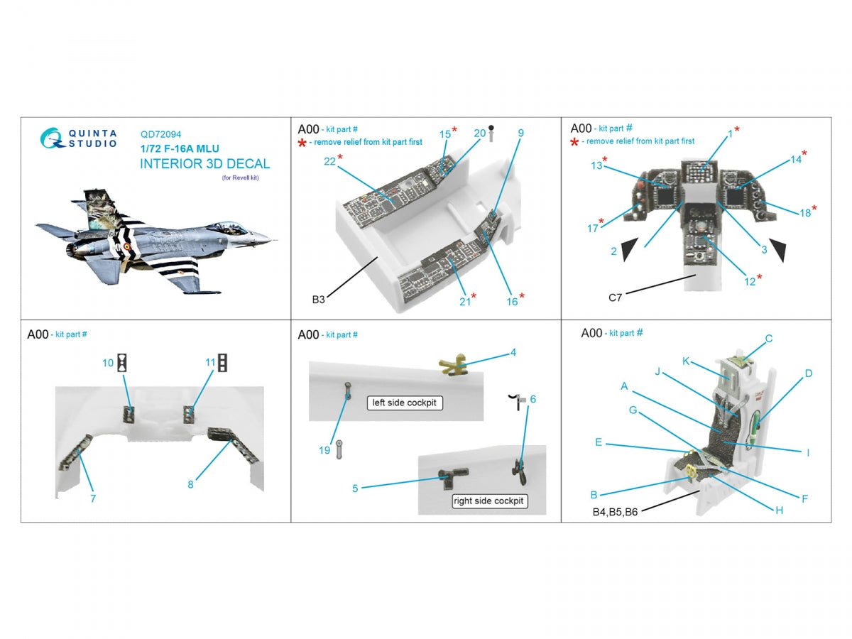 Intérieur imprimé en 3D et coloré sur papier décalcomanie (Revell) pour F-16A MLU (Quinta Studio QD72094), échelle 1/72 – imagen 12