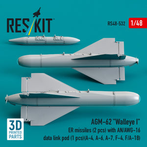 RESKIT RS48-0532 AGM-62 "Walleye I" ER missiles (2 pcs) with AN/AWG-16 data link pod (1 pcs) (A-4, A-6, A-7, F-4, F/A-18) (3D Printed) 1/48