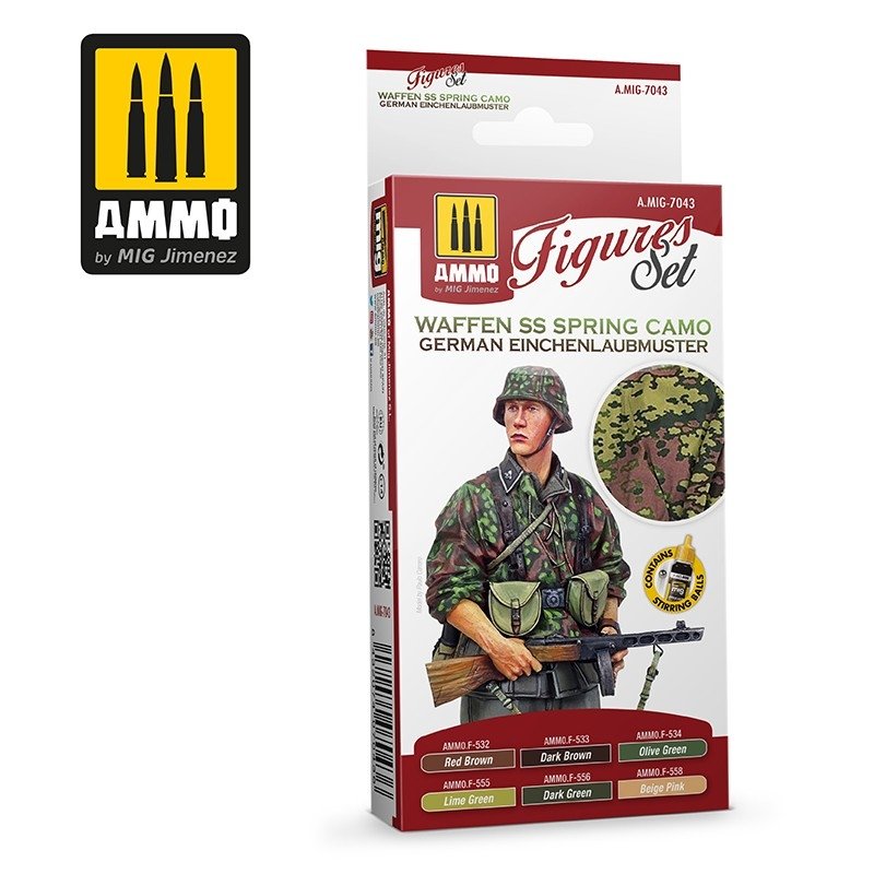 Munitions du Mig Jimenez 7043 Waffen SS Spring Camo. Ensemble de figurines allemandes Einchenlaubmuster 6x17ml