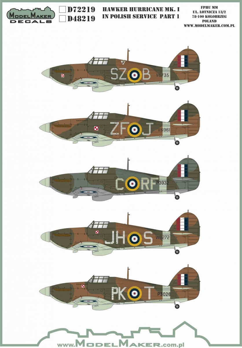 Décalcomanies ModelMaker D48219 Hawker Hurricane Mk.I en service polonais, partie 1, échelle 1/48
