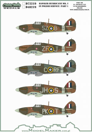 Décalcomanies ModelMaker D48219 Hawker Hurricane Mk.I en service polonais, partie 1, échelle 1/48