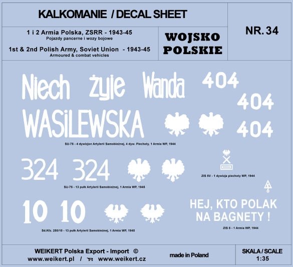 Décalcomanies Weikert DEC234 1re et 2e armées polonaises, URSS 1943-45 - Véhicules blindés, véhicules de combat - vol.1 1/35