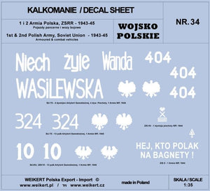Décalcomanies Weikert DEC234 1re et 2e armées polonaises, URSS 1943-45 - Véhicules blindés, véhicules de combat - vol.1 1/35
