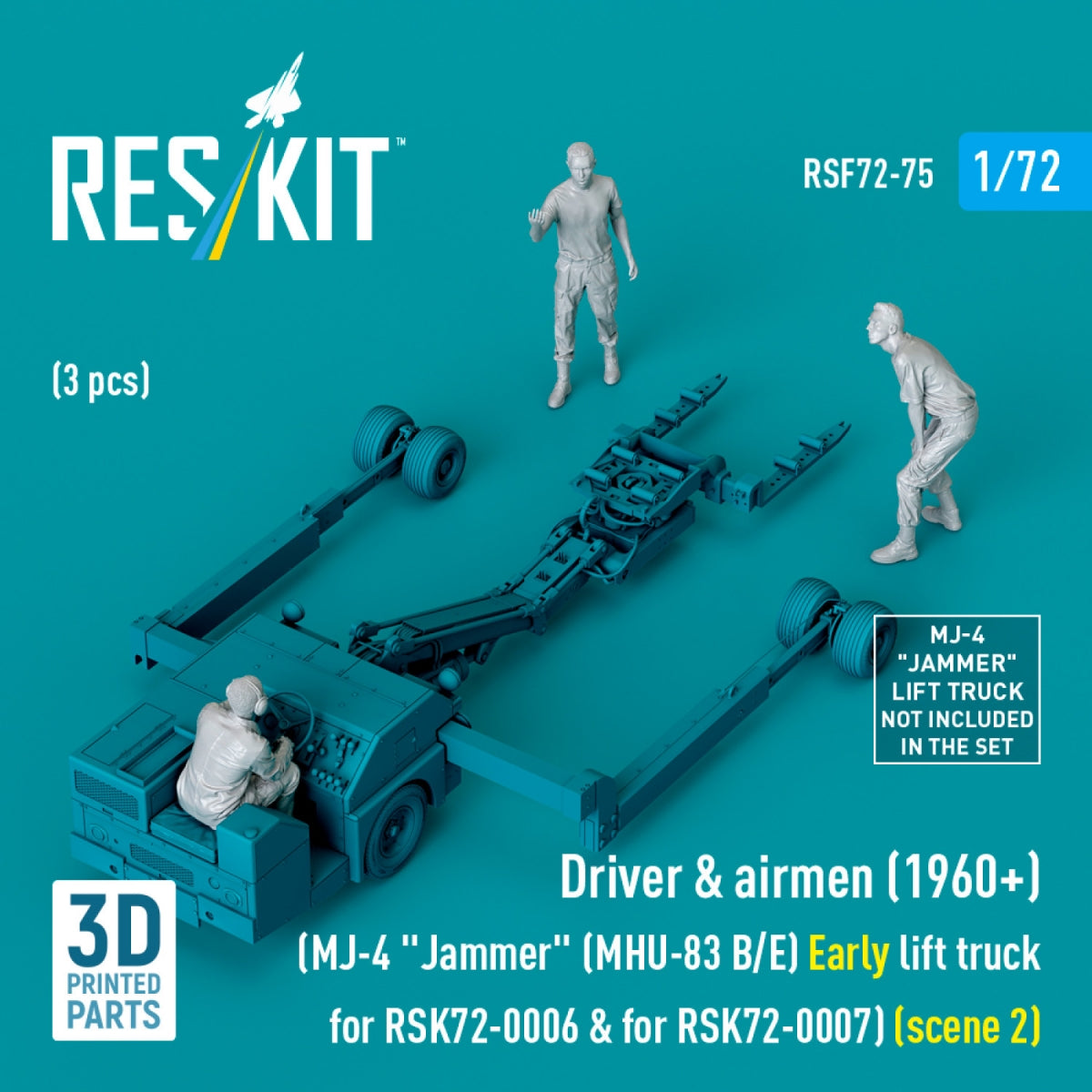 RESKIT RSF72-0075 Driver & airmen (1960+) (3 pcs) (MJ-4 "Jammer" (MHU-83 B/E) Early lift truck for RSK72-0006 & for RSK72-0007) (scene 2) (3D Printed) 1/72