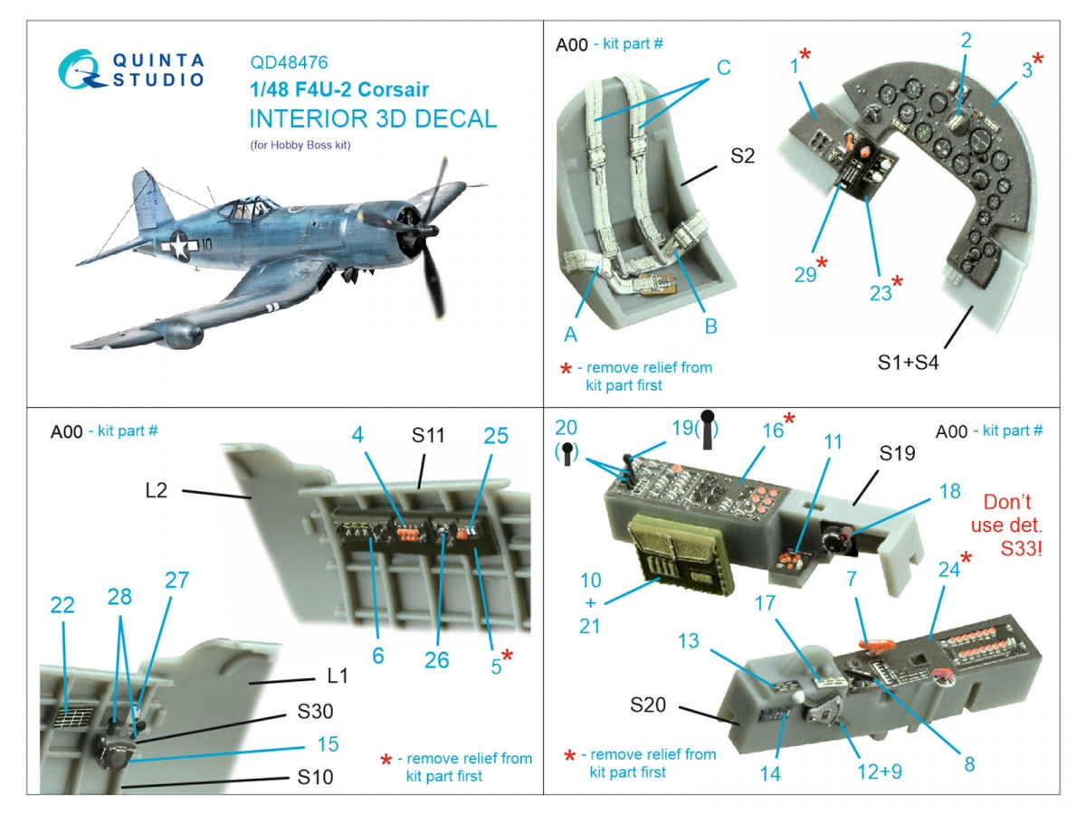 Intérieur coloré imprimé en 3D sur papier décalcomanie pour F4U-2 Corsair (Hobby Boss) Quinta Studio QD48476, échelle 1/48 – immagine 2