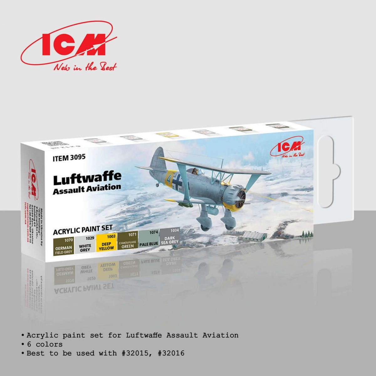 Kit de peinture acrylique ICM 3095 pour l'aviation d'assaut de la Luftwaffe, 12 ml x6
