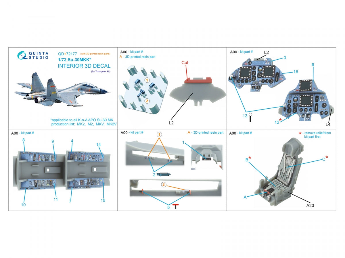 Intérieur imprimé en 3D et coloré sur papier décalcomanie (Trumpeter) pour Su-30MKK de Quinta Studio QD+72177 (avec pièce en résine imprimée en 3D) à l&amp;#39;échelle 1/72 – imagen 2