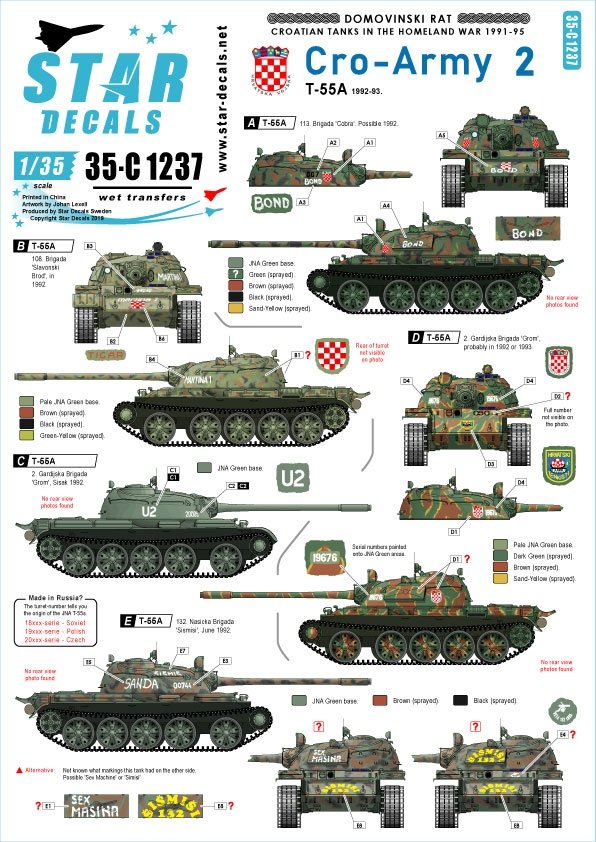 Star Decals 35-C1237 Domovinski Rat / Guerre de la Patrie 1991-95. T-55A. 1992-93 1/35