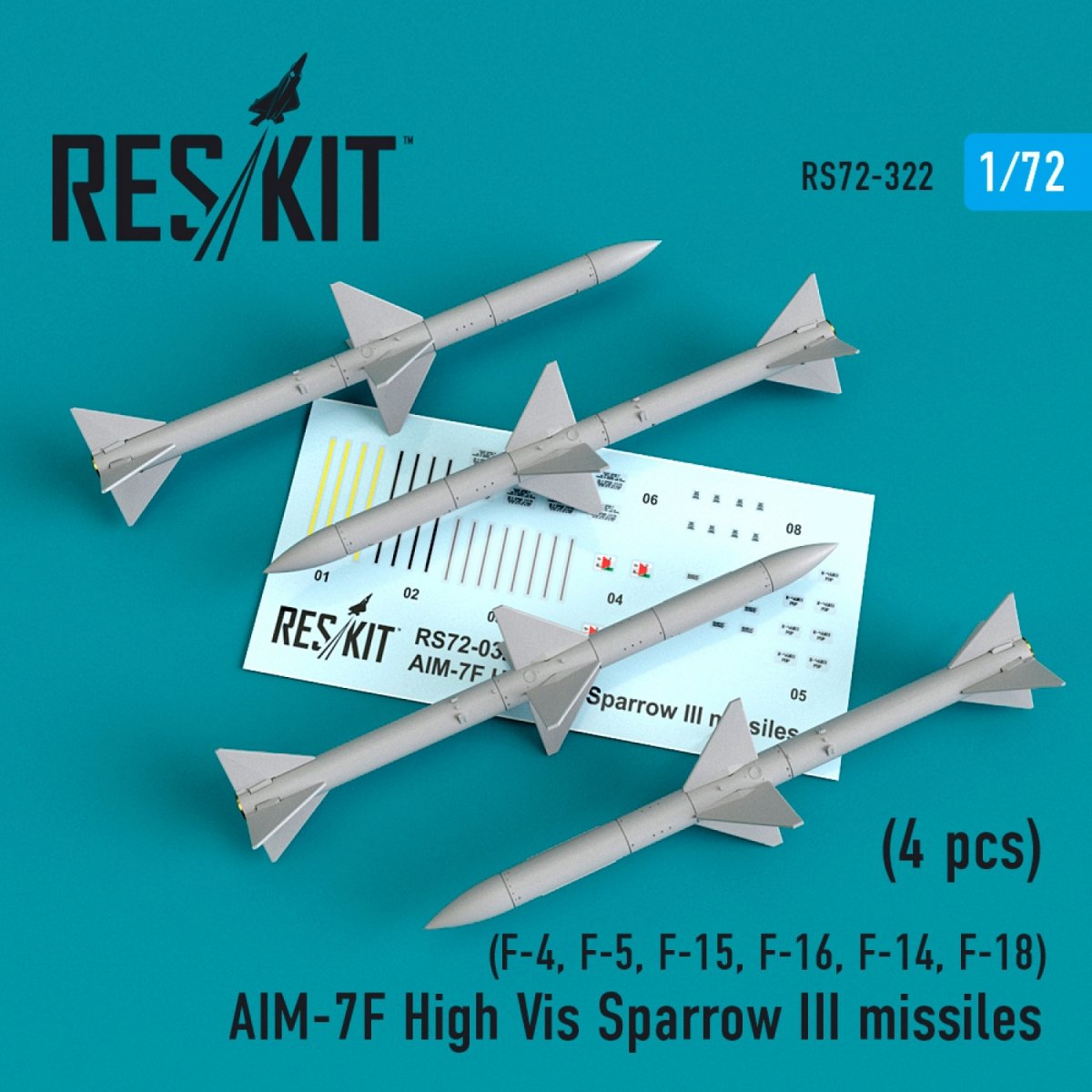 RESKIT RS72-0322 MISSILES AIM-7F HAUTE VISIBILITÉ SPARROW III (4 PIÈCES) 1/72