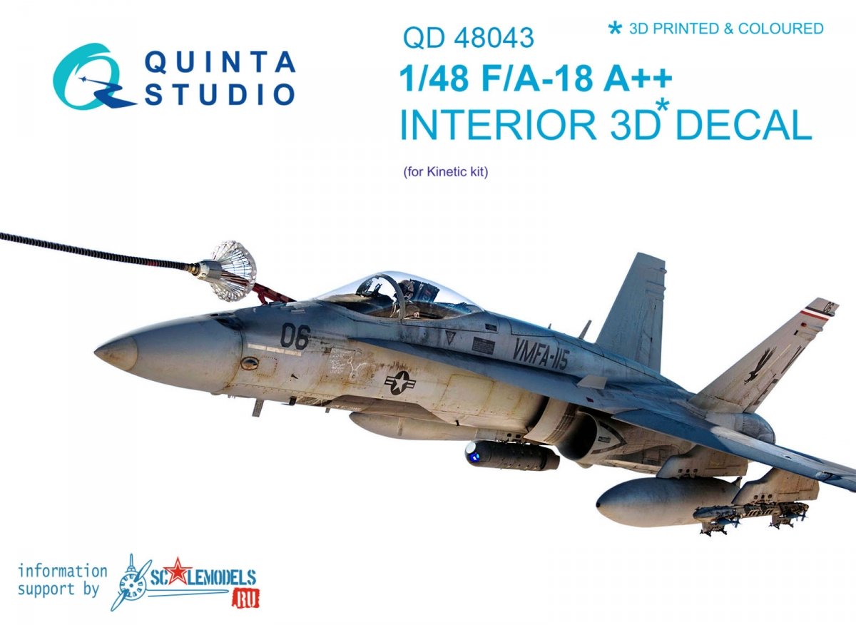 Intérieur imprimé en 3D et coloré sur papier décalcomanie Quinta Studio QD48043 F/A-18 A++ (pour Kinetic) 1/48