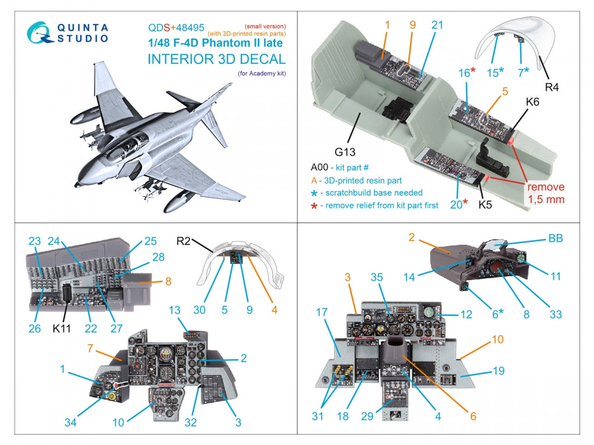 Quinta Studio QDS+48495 F-4D Phantom II tardif, intérieur imprimé en 3D et coloré sur papier décalcomanie (Academy) (petite version) (avec pièces en résine imprimées en 3D) 1/48 – image 3