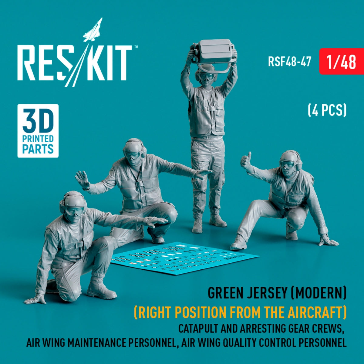 RESKIT RSF48-0047 Maillot vert (moderne) (position droite par rapport à l&amp;#39;avion) ​​Équipes de catapultage et de brin d&amp;#39;arrêt, personnel de maintenance de l&amp;#39;escadre aérienne, personnel de contrôle qualité de l&amp;#39;escadre aérienne (4 pièces) (Impression 3D) 1/48