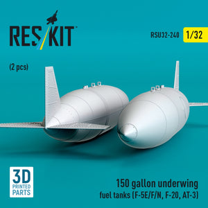 RESKIT RSU32-0240 150 gallon underwing fuel tanks (F-5E, F, N, F-20, AT-3) (2 pcs) (3D Printed) 1/32