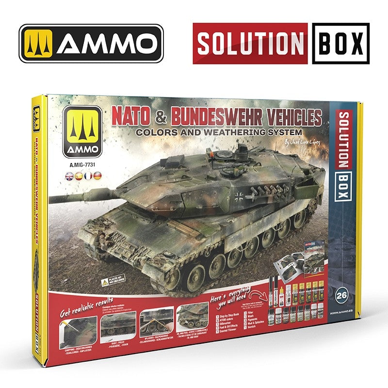 AMMO de Mig Jimenez 7731 SOLUTION BOX 26 – Véhicules OTAN et Bundeswehr - Système de couleurs et de vieillissement