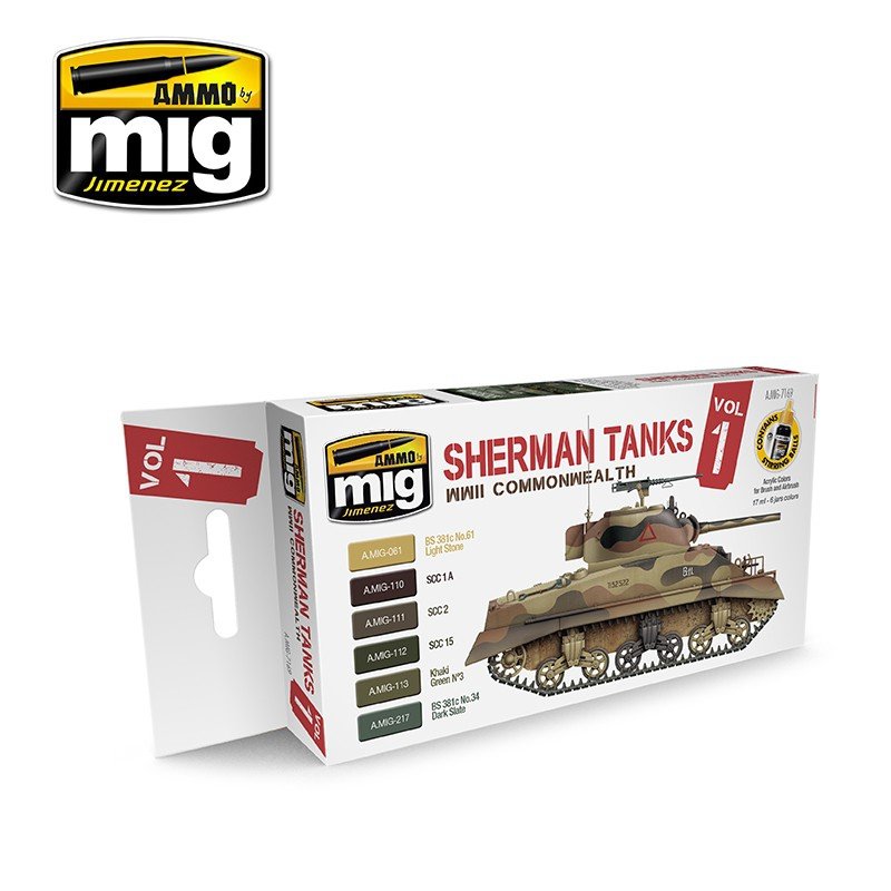 Munitions pour chars Sherman Mig Jimenez 7169, volume 1 (Commonwealth, Seconde Guerre mondiale), 6 cartouches de 17 ml.