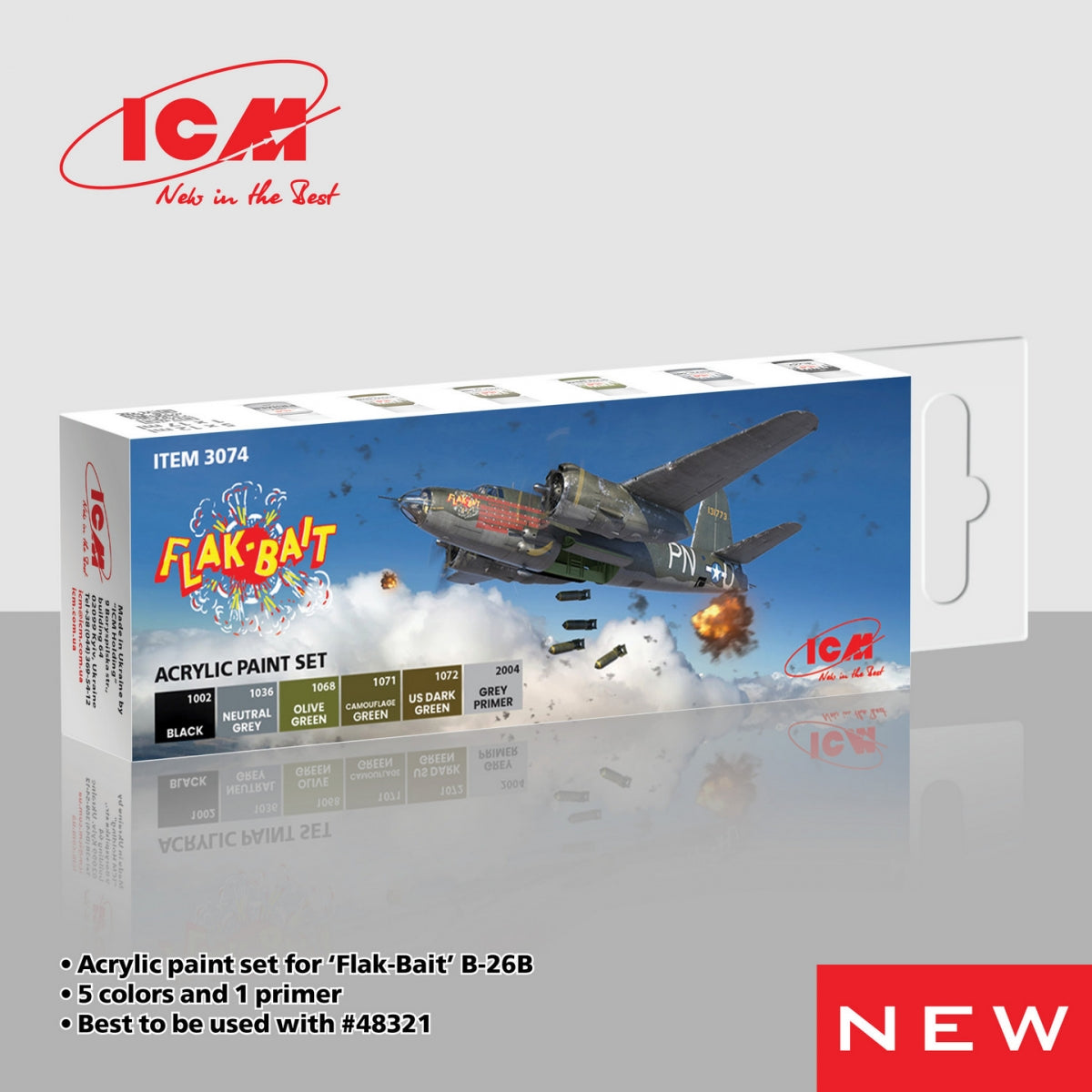 Kit de peinture acrylique ICM 3074 pour Flak Bait, 6 pots de 12 ml.
