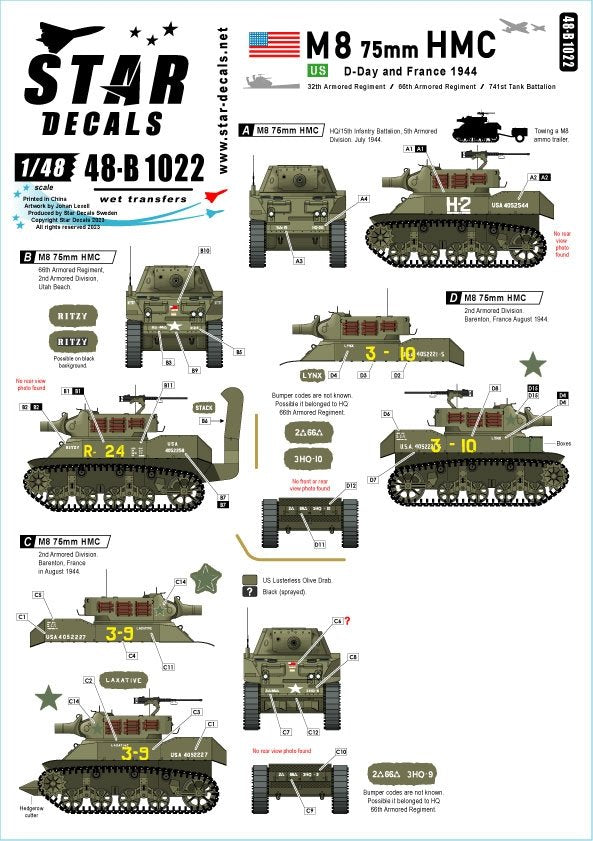 Star Decals 48-B1022 US M8 HMC - Obusier de 75 mm. Débarquement et France 1944. Échelle 1/48.
