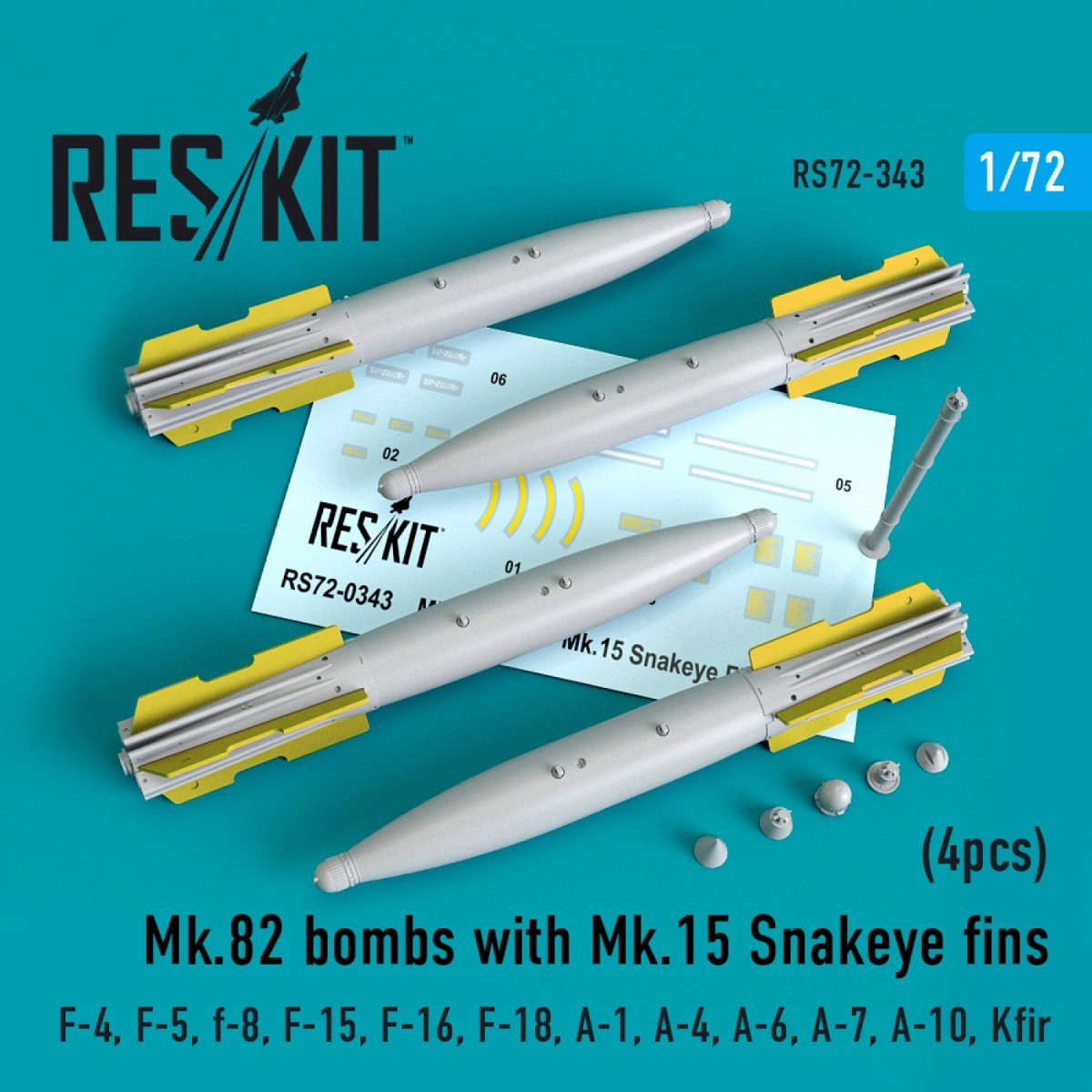 RESKIT RS72-0343 MK.82 BOMBES AVEC AILERONS ŒIL DE SERPENT MK.15 (4 PIÈCES) 1/72