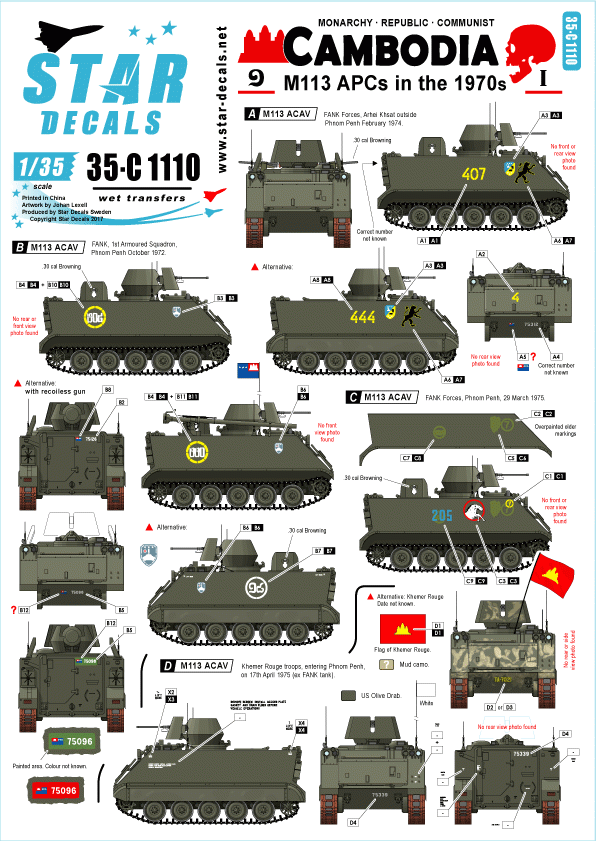 Star Decals 35-C1110 Cambodge n° 1. Véhicule blindé de transport de troupes M113 des années 1970, échelle 1/35