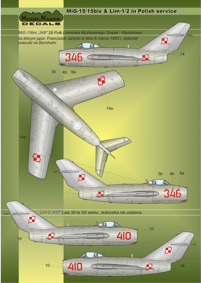 Décalcomanies ModelMaker D48023 MiG-15/15bis et Lim-1/2 en service polonais – image 3